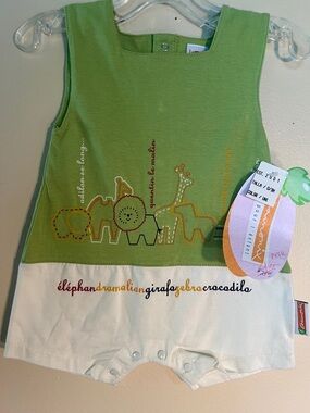 Vintage French Green & Cream Jungle Animal Tank Romper 0-3 M